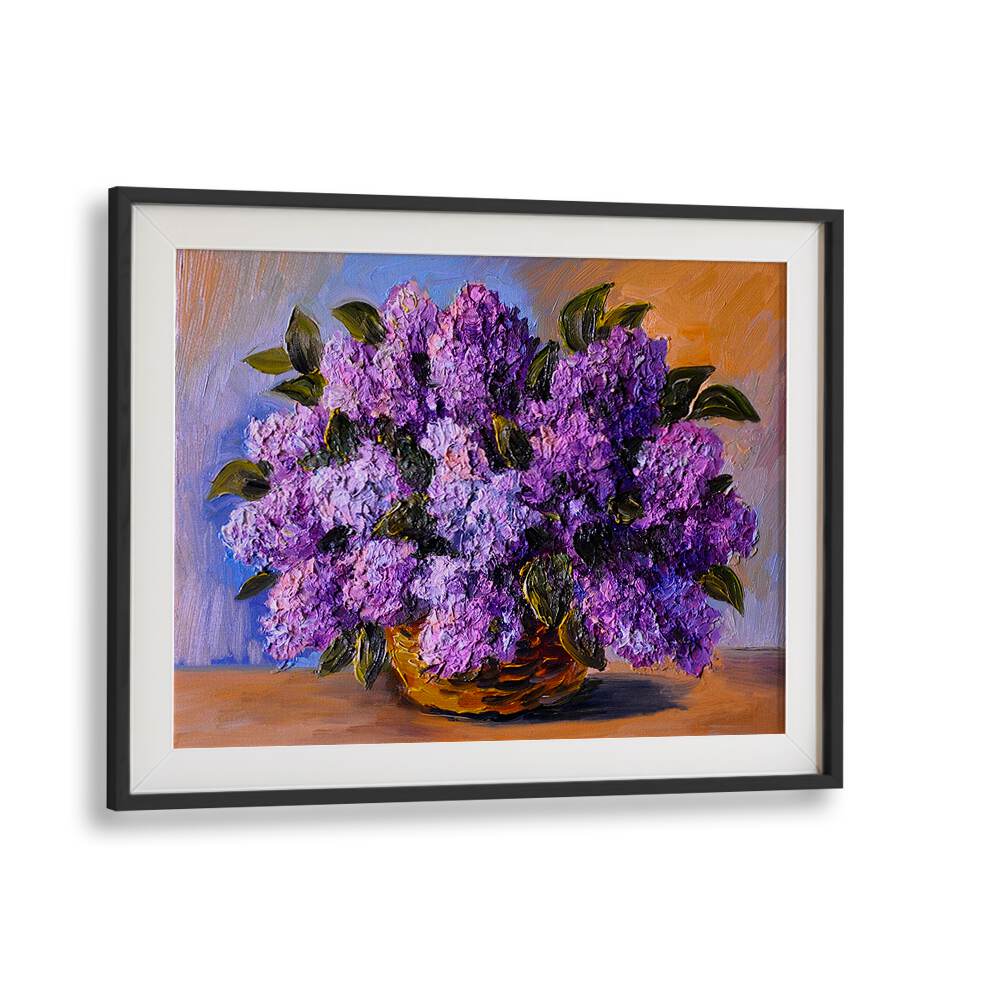 Purple Blooms Vintage European Paintings in Black Frame With Mount