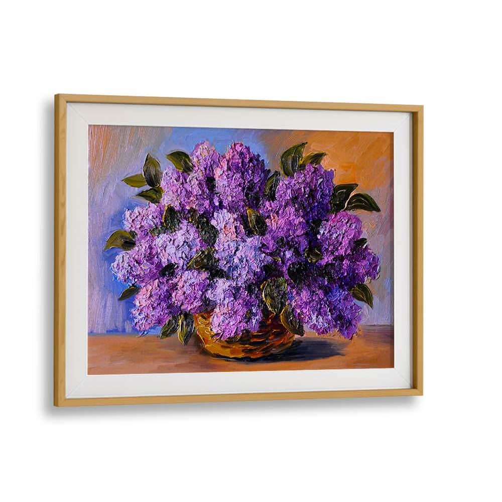 Purple Blooms Vintage European Paintings in Oak Wood Frame With Mount