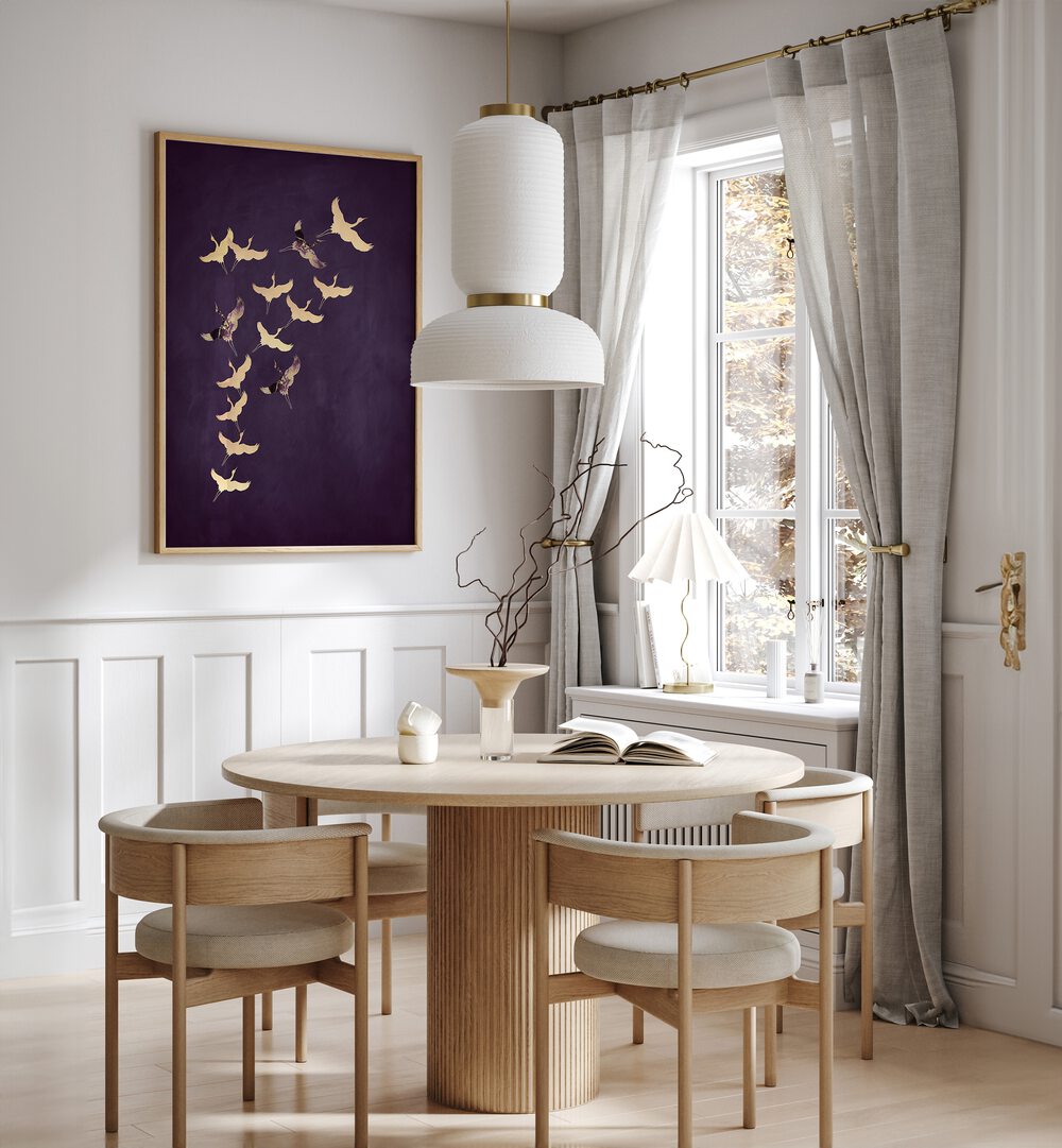 Purple Flying Cranes By Aureous Wildlife Art Prints in Oak Wood Plain Frame placed on a White Colored Wall near a Coffee Table in the Dining Room