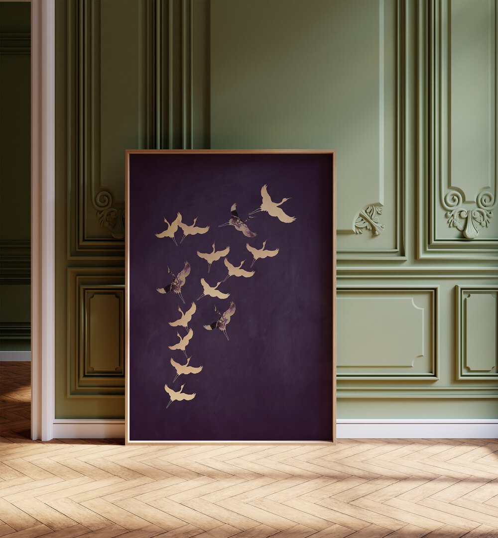 Purple Flying Cranes By Aureous Wildlife Art Prints in Oak Wood Plain Frame placed on the floor near a Green Colored Wall in the Alley Way