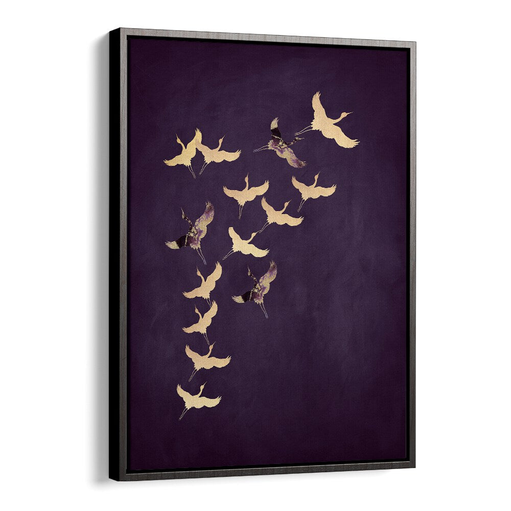 Purple Flying Cranes By Aureous Wildlife Art Prints in Black Floater Frame