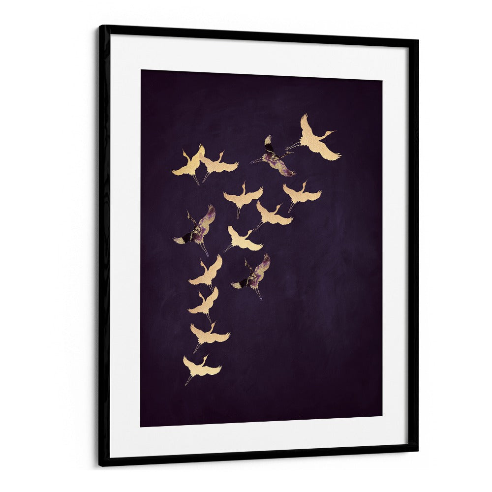 Purple Flying Cranes By Aureous Wildlife Art Prints in Black Frame With Mount