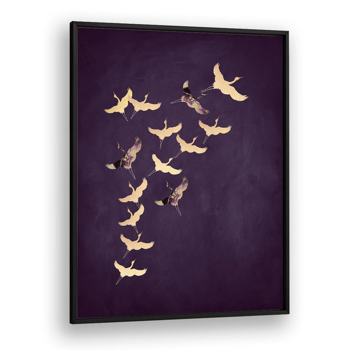 Purple Flying Cranes By Aureous Wildlife Art Prints in Black Plain Frame