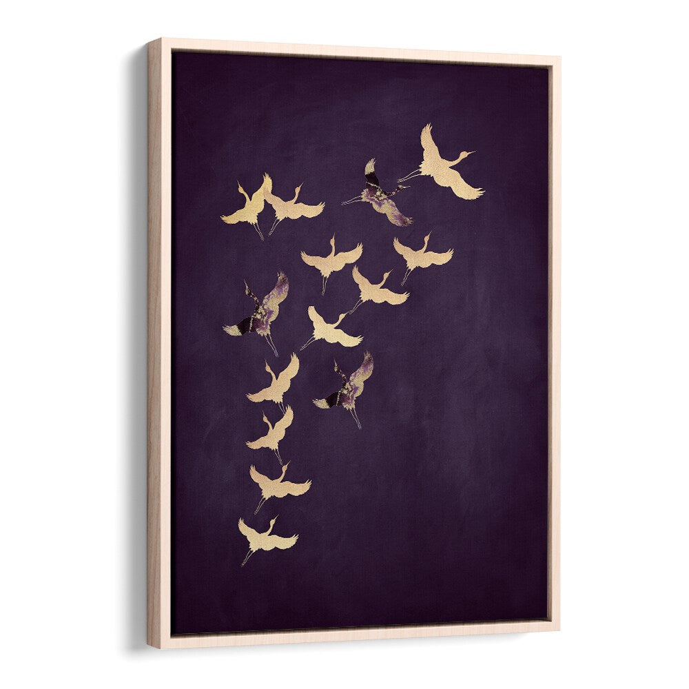 Purple Flying Cranes By Aureous Wildlife Art Prints in Oak Wood Floater Frame