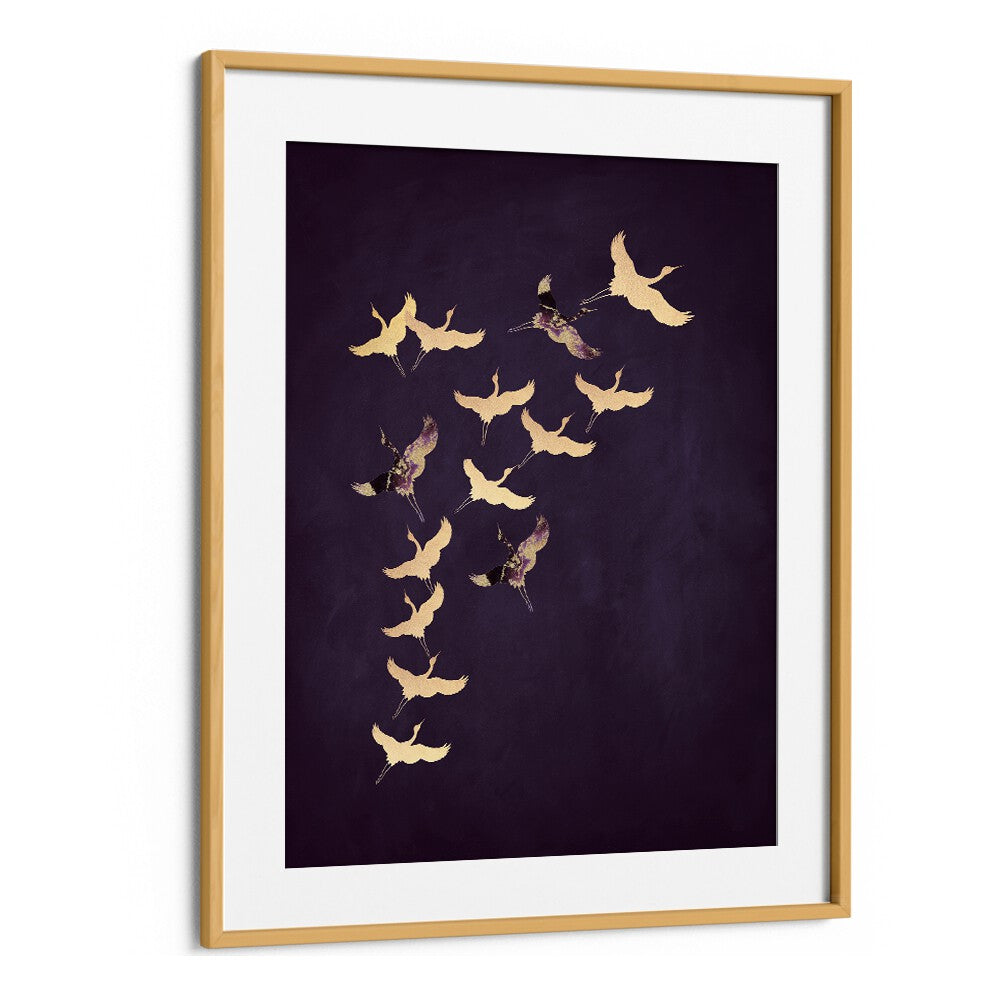 Purple Flying Cranes By Aureous Wildlife Art Prints in Oak Wood Frame With Mount