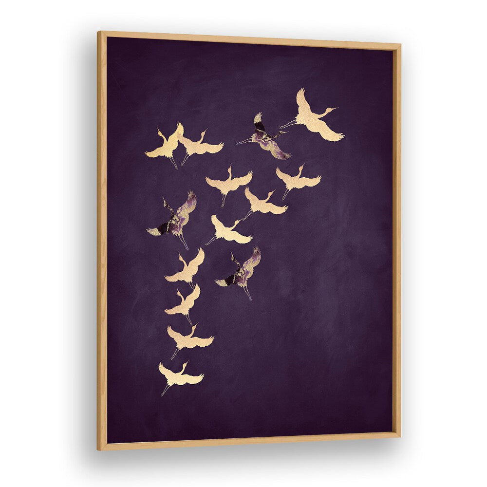 Purple Flying Cranes By Aureous Wildlife Art Prints in Oak Wood Plain Frame