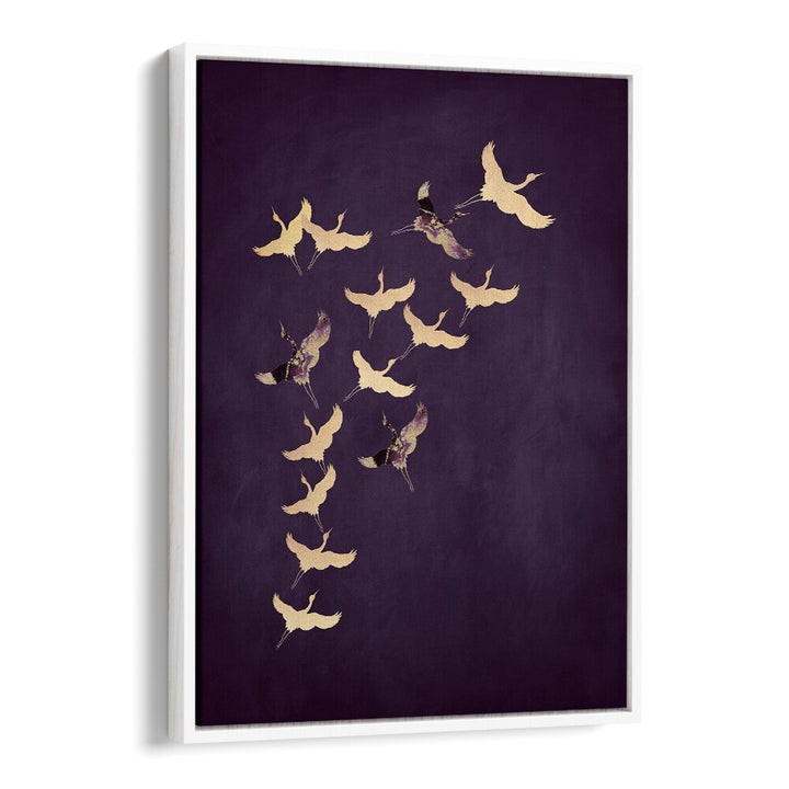 Purple Flying Cranes By Aureous Wildlife Art Prints in White Floater Frame