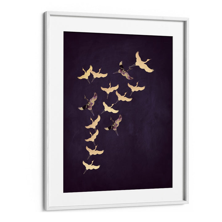 Purple Flying Cranes By Aureous Wildlife Art Prints in White Frame With Mount