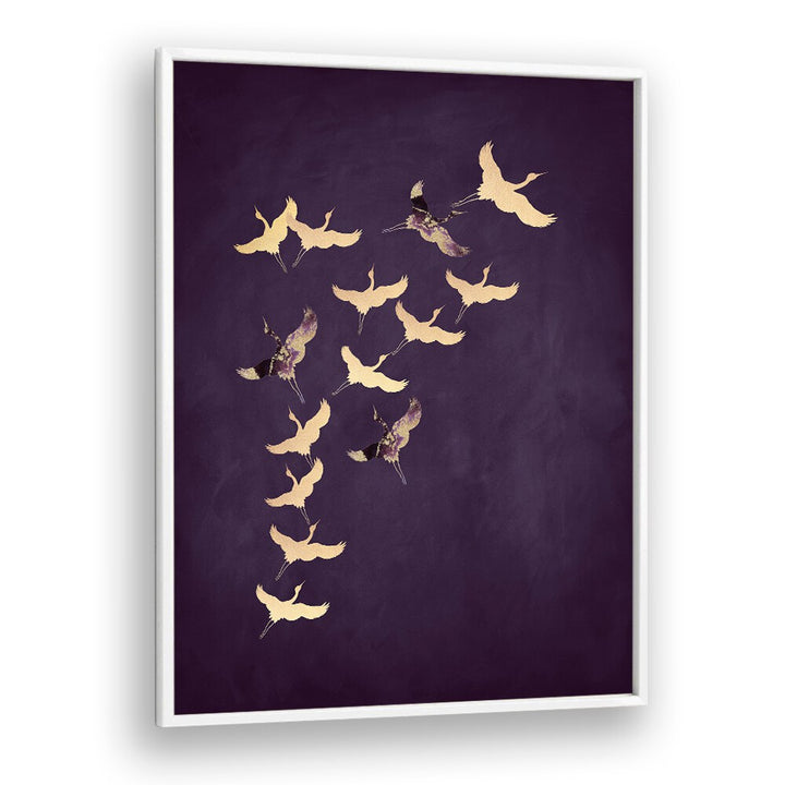 Purple Flying Cranes By Aureous Wildlife Art Prints in White Plain Frame