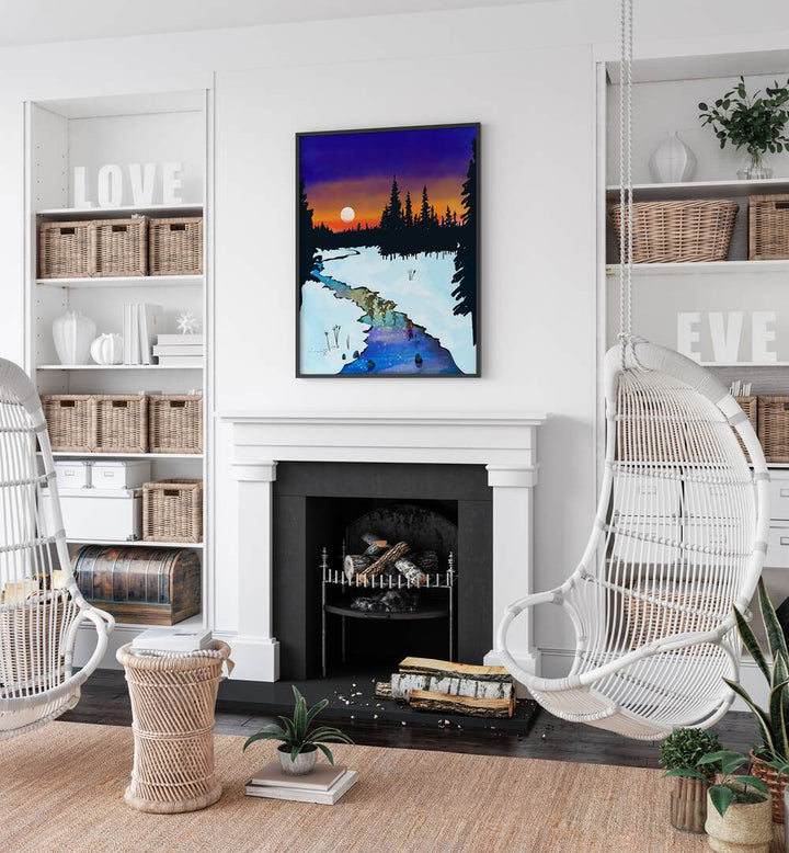 Purple Midnight By Uma Gokhale Landscape Paintings in Black Plain Frame on a white wall above a fire place