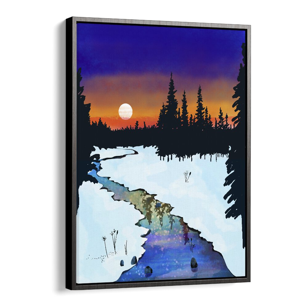 Purple Midnight By Uma Gokhale Landscape Paintings in Black Floater Frame