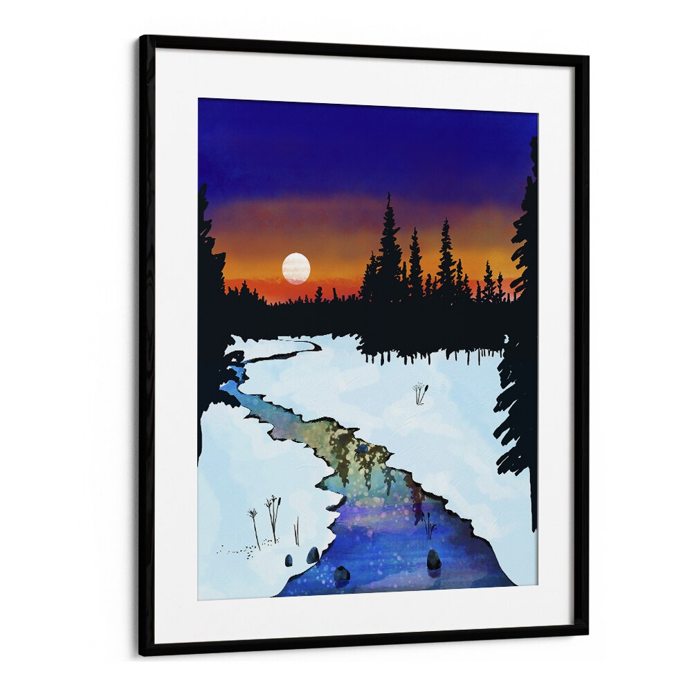 Purple Midnight By Uma Gokhale Landscape Paintings in Black Frame With Mount