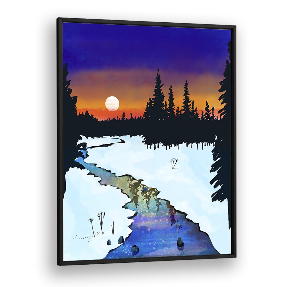 Purple Midnight By Uma Gokhale Landscape Paintings in Black Plain Frame