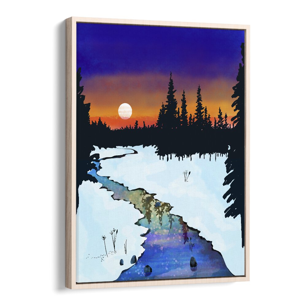 Purple Midnight By Uma Gokhale Landscape Paintings in Oak Wood Floater Frame