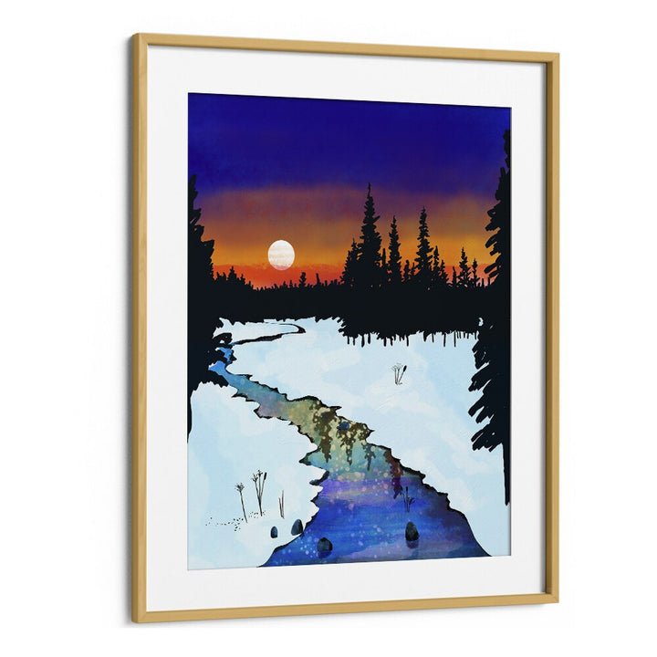 Purple Midnight By Uma Gokhale Landscape Paintings in Oak Wood Frame With Mount