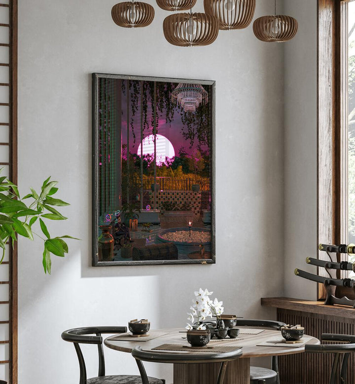 Purple Moon Palace By Cosmo Zach Surreal Art Prints Surrealism in Black Plain Frame placed on the wall behind a dining table and beside a window