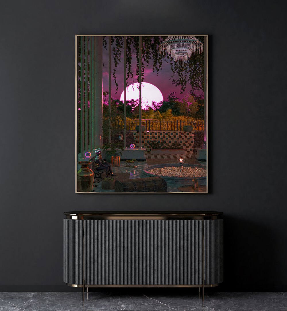 Purple Moon Palace By Cosmo Zach Surreal Art Prints Surrealism in Oak Wood Plain Frame placed on the wall behind a console table