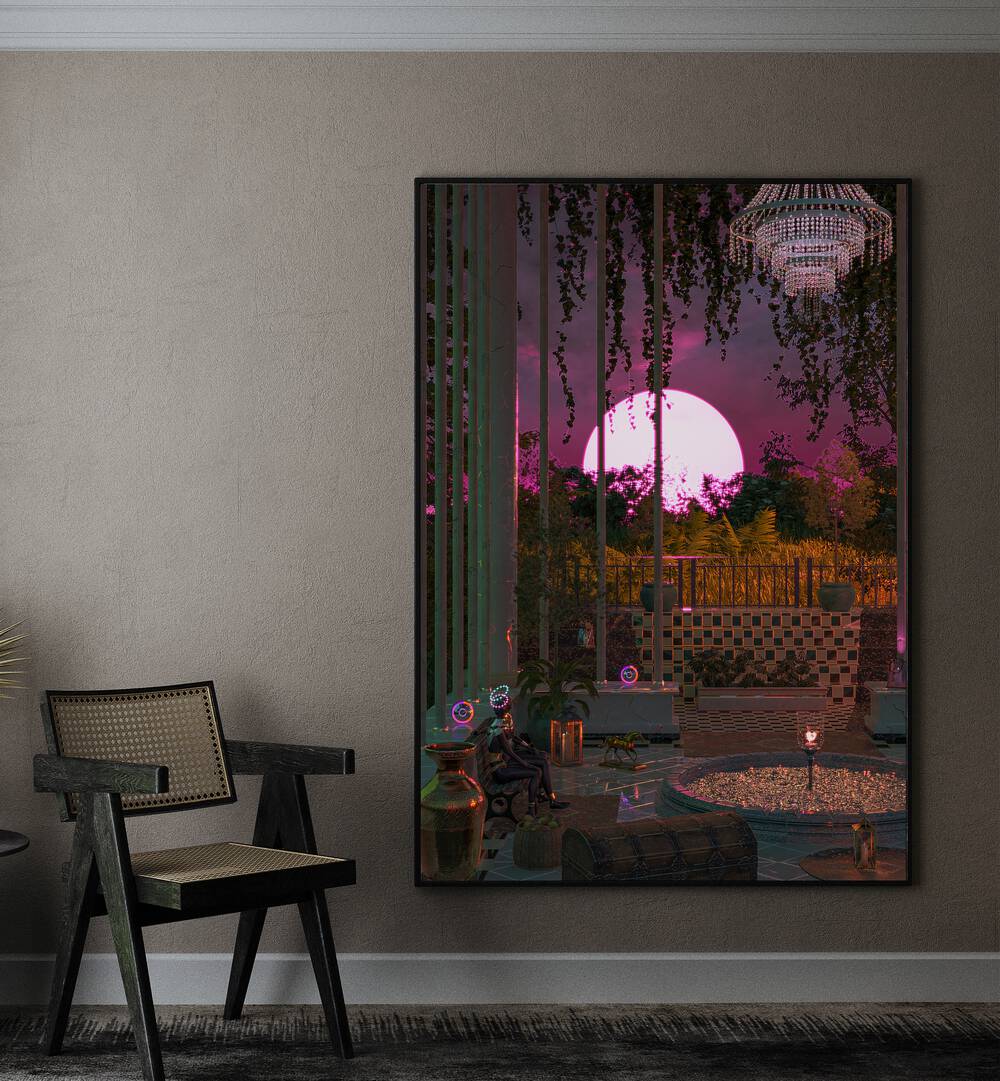 Purple Moon Palace By Cosmo Zach Surreal Art Prints Surrealism in Black Plain Frame placed on the wall beside a chair