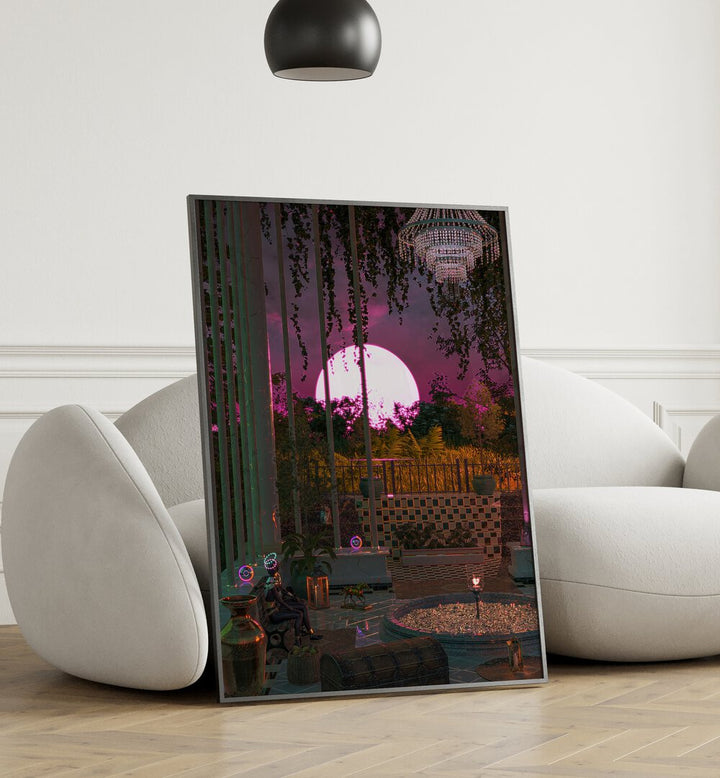 Purple Moon Palace By Cosmo Zach Surreal Art Prints Surrealism in Black Plain Frame placed on the floor beside a sofa