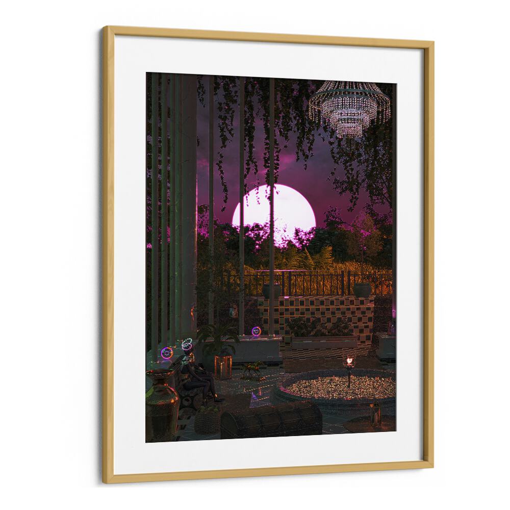 Purple Moon Palace By Cosmo Zach Surreal Art Prints in Oak Wood Frame With Mount