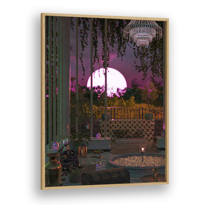 Purple Moon Palace By Cosmo Zach Surreal Art Prints in Oak Wood Plain Frame