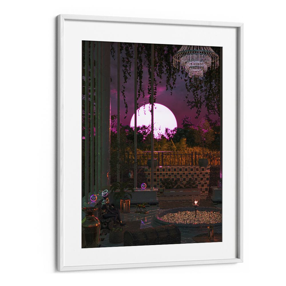 Purple Moon Palace By Cosmo Zach Surreal Art Prints in White Frame With Mount