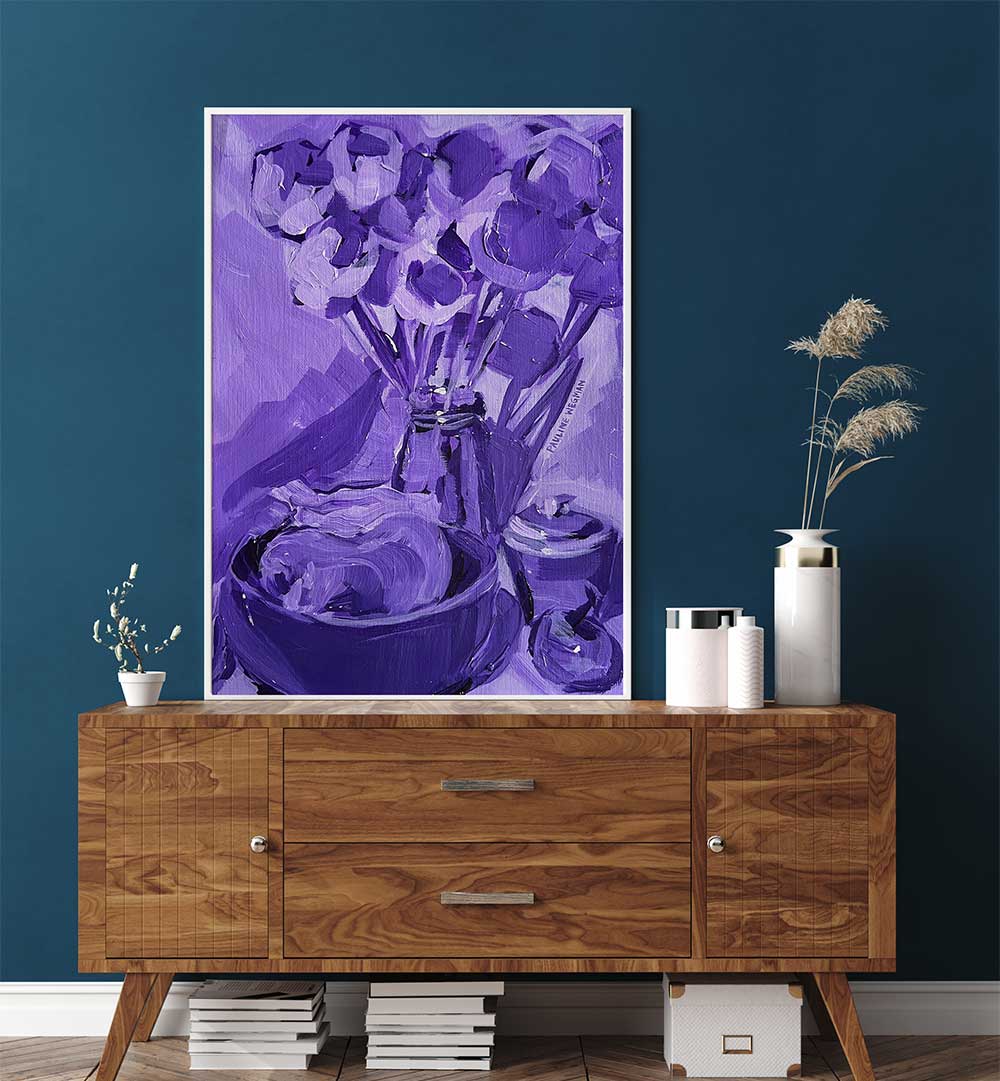 PURPLE VALUE STUDY , KITCHEN POSTERS minimalist purple still-life floral print above wooden sideboard in modern kitchen