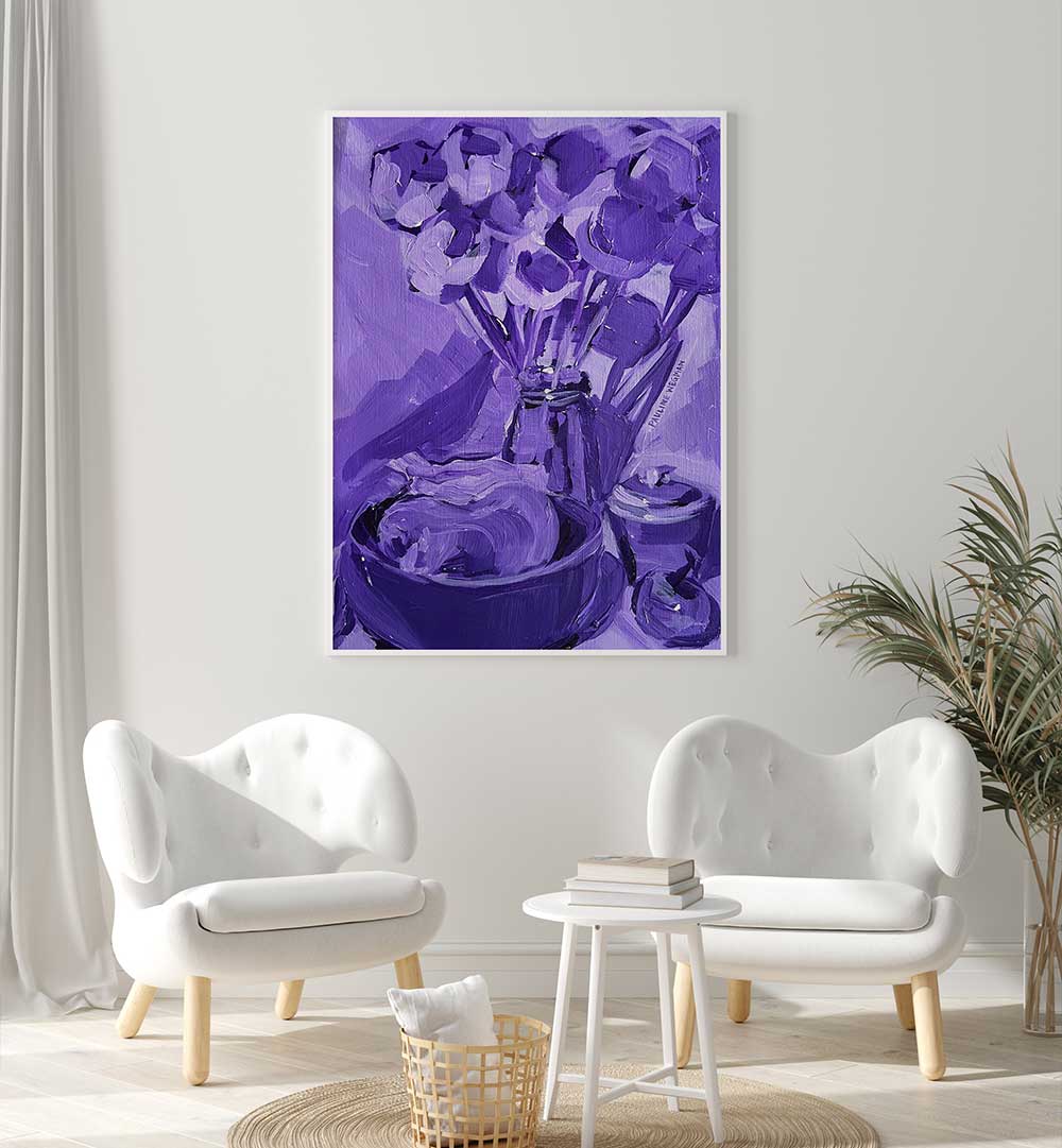 PURPLE VALUE STUDY , KITCHEN POSTERS featuring a minimalist purple still-life print above white chairs in a modern kitchen