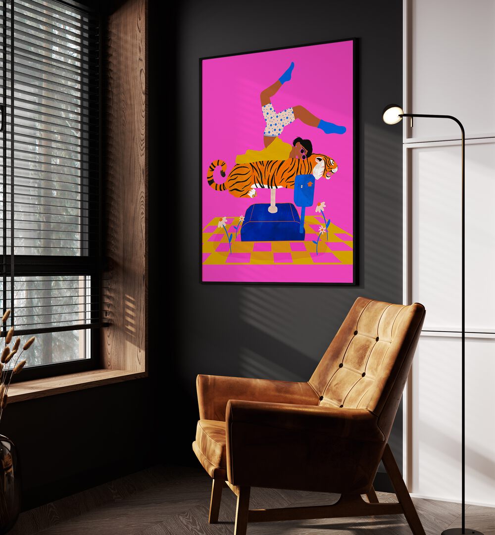 Put A Tiger In Your Heart by Jota De Jai Kids Art Room in Black Plain Frame placed on a wall behind an orange sofa