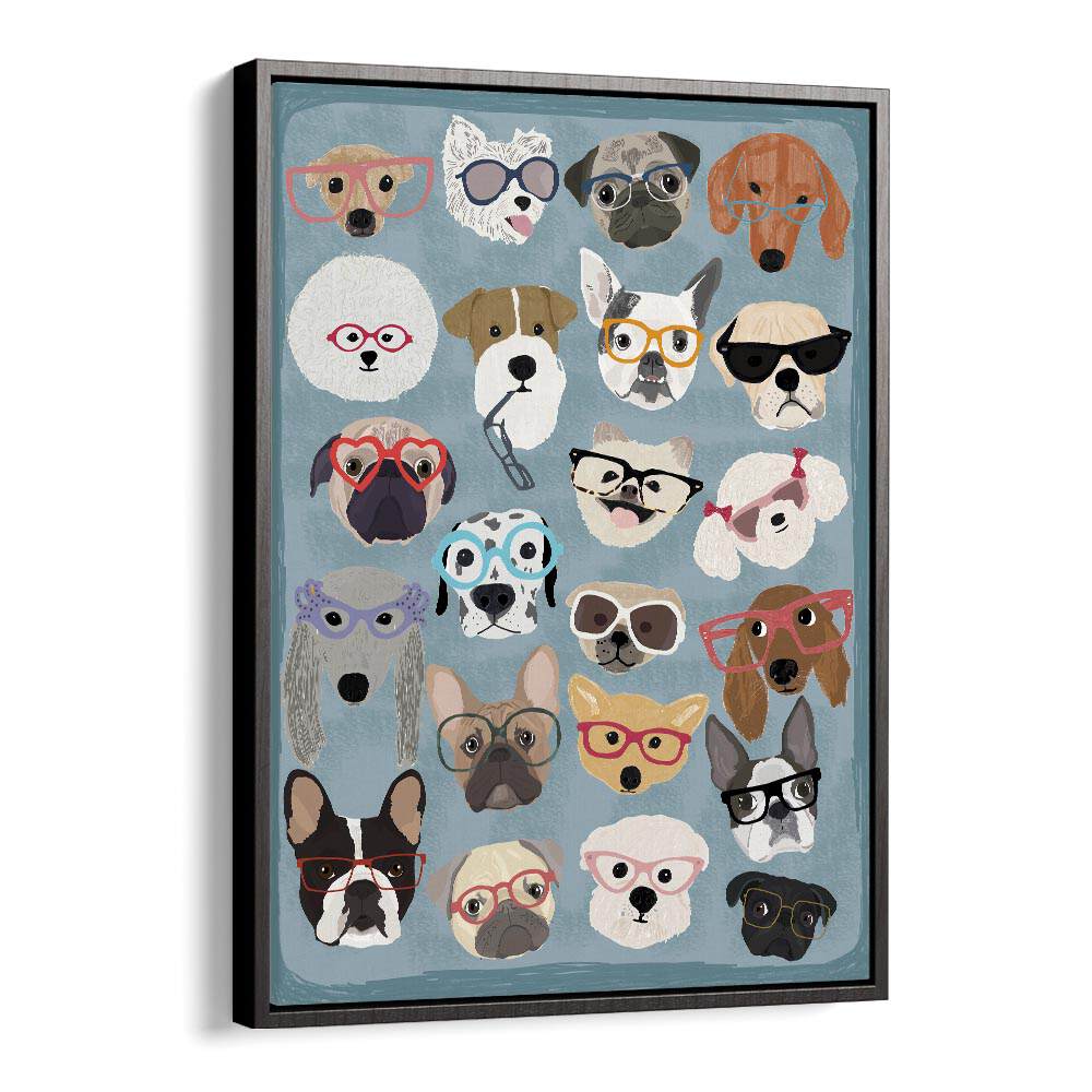 Puzzle Dogs In Glasses  Kids Paintings in Black Floater Frame