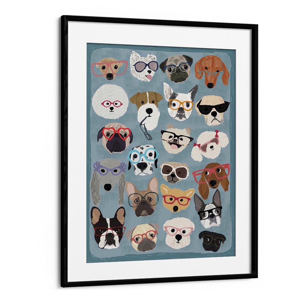 Puzzle Dogs In Glasses  Kids Paintings in Black Frame With Mount