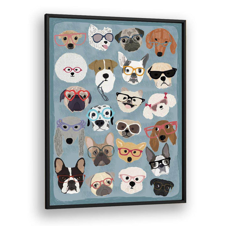 Puzzle Dogs In Glasses  Kids Paintings in Black Plain Frame