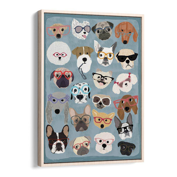 Puzzle Dogs In Glasses  Kids Paintings in Oak Wood Floater Frame