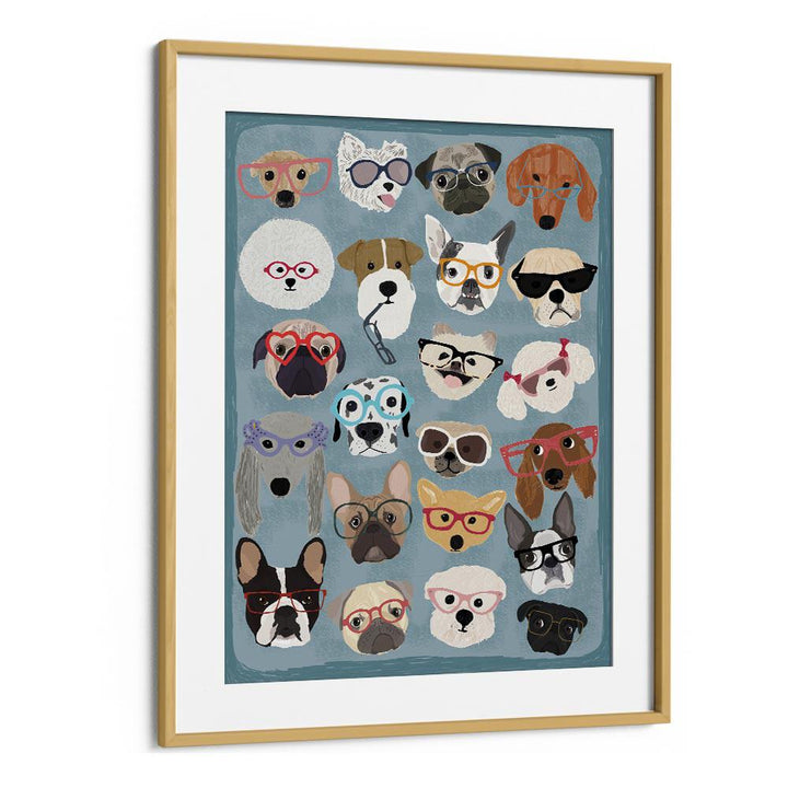 Puzzle Dogs In Glasses  Kids Paintings in Oak Wood Frame With Mount