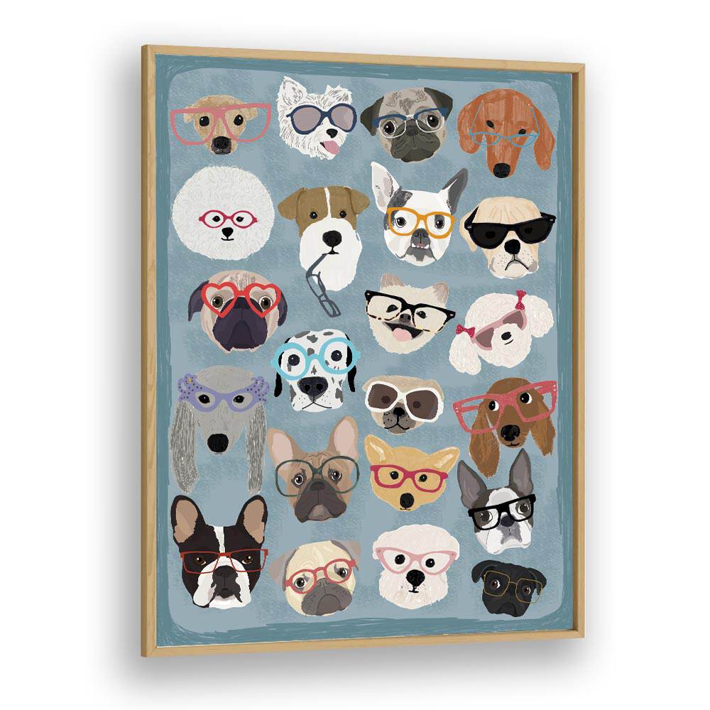 Puzzle Dogs In Glasses  Kids Paintings in Oak Wood Plain Frame