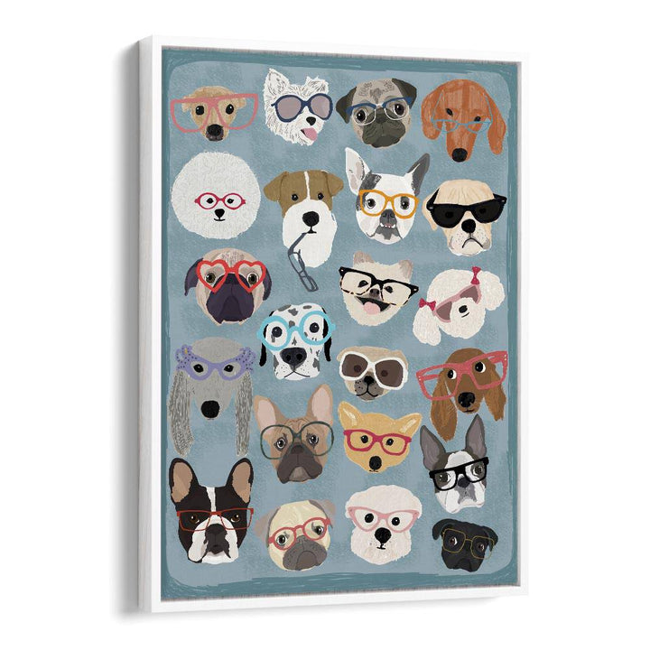 Puzzle Dogs In Glasses  Kids Paintings in White Floater Frame