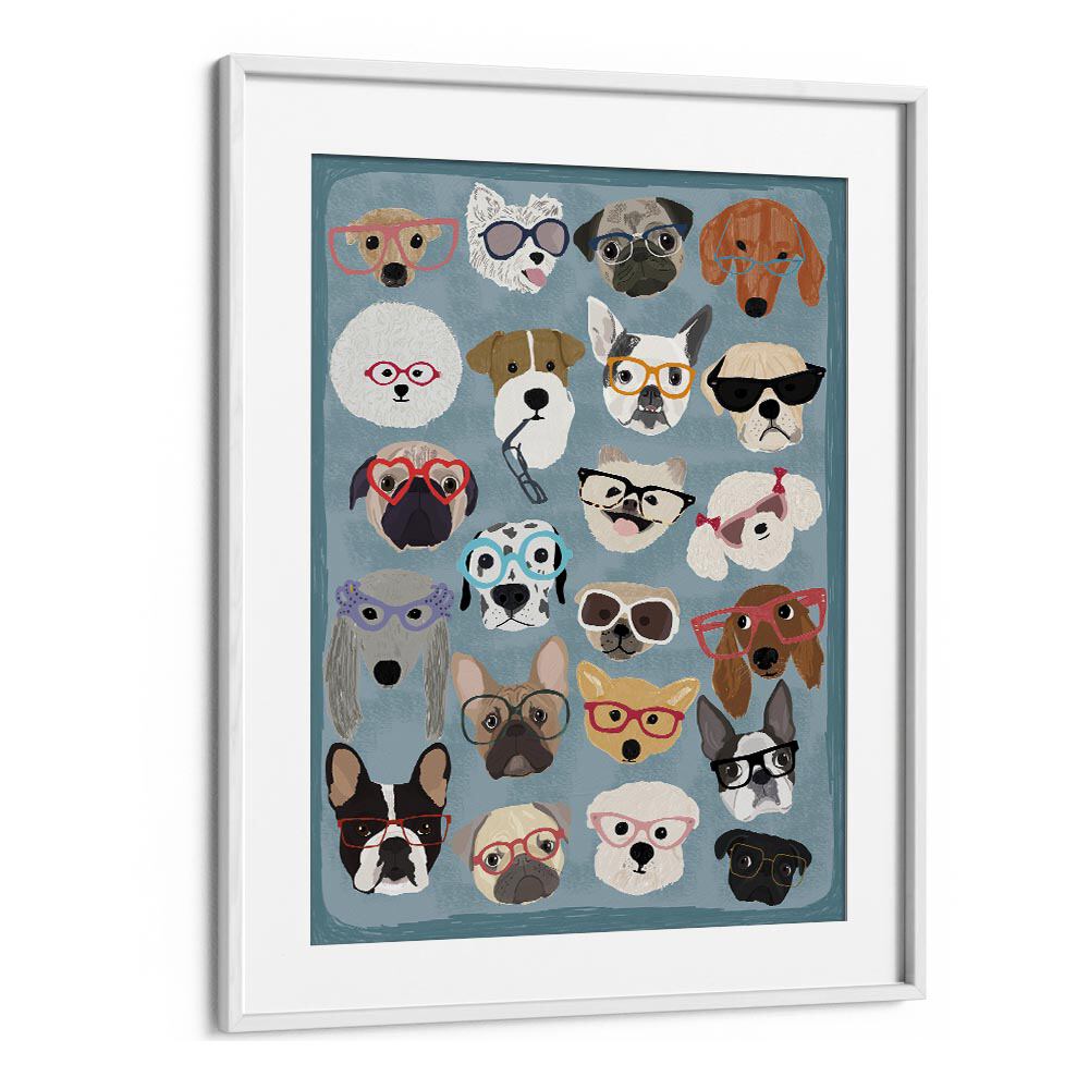 Puzzle Dogs In Glasses  Kids Paintings in White Frame With Mount