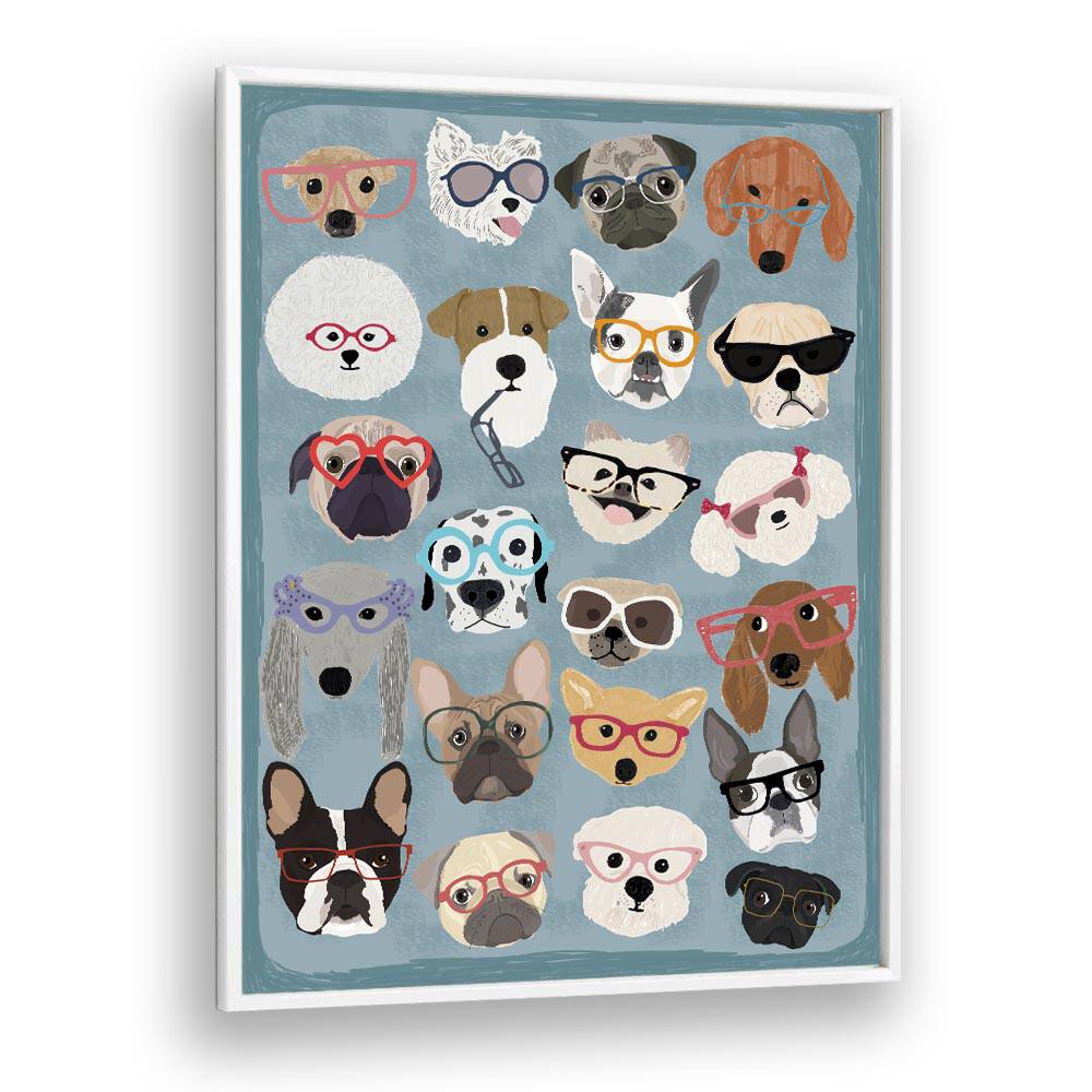 Puzzle Dogs In Glasses  Kids Paintings in White Plain Frame