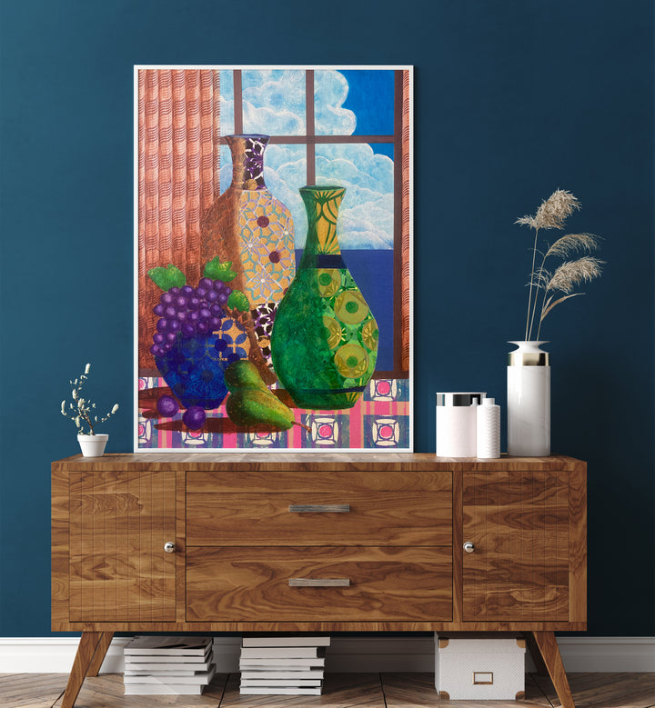 Colorful kitchen poster featuring vases and fruit, embodying serenity in the QUIETUDE AT DAWN, KITCHEN POSTERS collection.