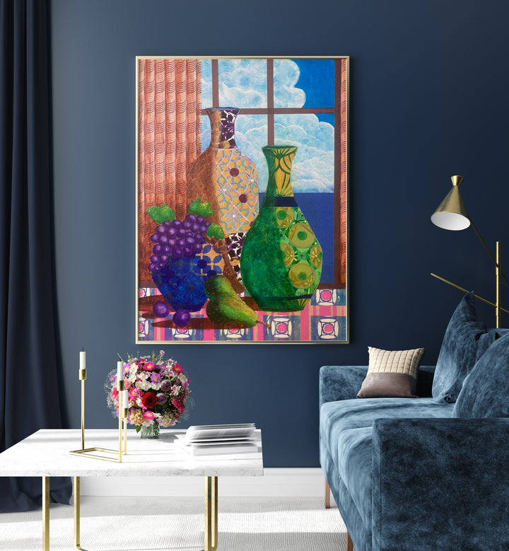 Vibrant still life featuring vases and fruit, perfect for enhancing your space with QUIETUDE AT DAWN, KITCHEN POSTERS.