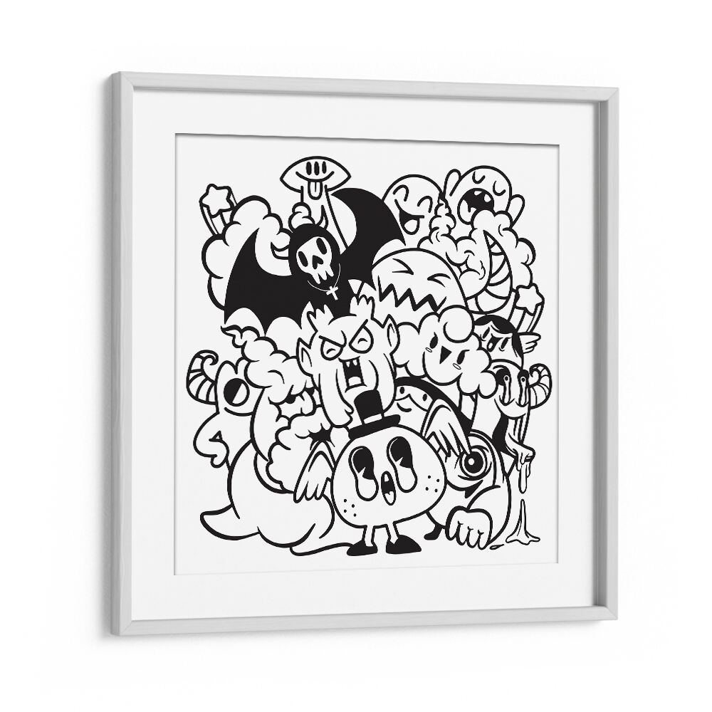 Quirky Quandaries Doodle Art Artwork in White Frame With Mount