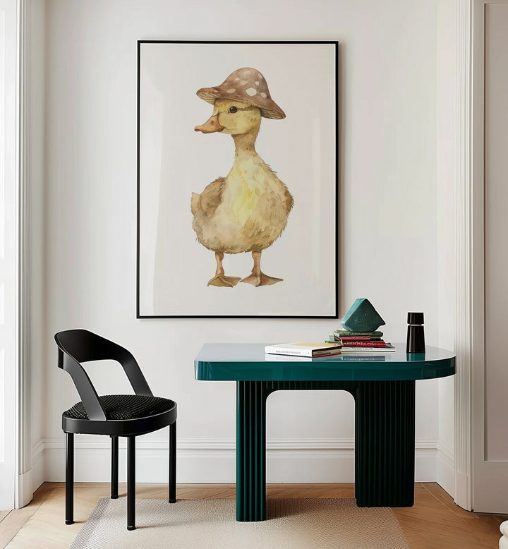 Quacker In A Hat Kids Room Paintings Kids Room Wall Art in Black Plain Frame placed on a wall behind a study table