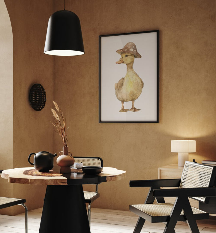 Quacker In A Hat Kids Room Paintings Kids Room Wall Art in Black Plain Frame placed on a wall behind a dining table and beside a window for dining area