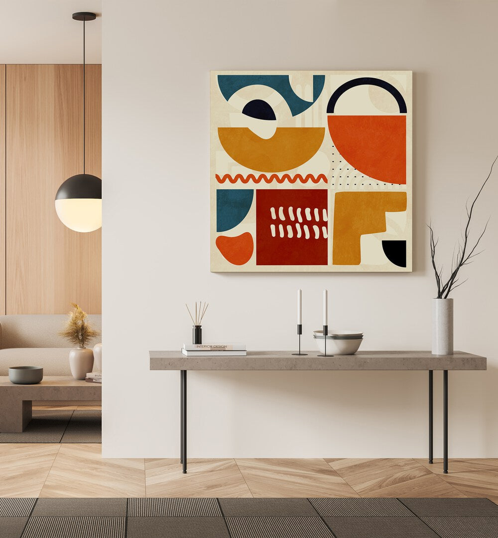 Quadrate Bunt I By Ana Rut Bre Abstract Art Abstract Paintings in Gallery Wrap placed on a Cream Colored Wall in the Drawing Room