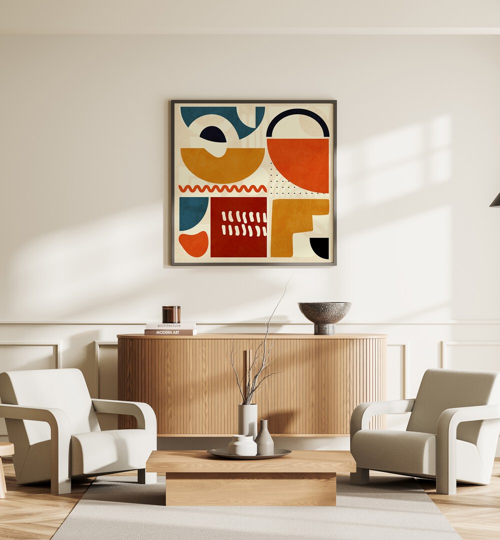 Quadrate Bunt I By Ana Rut Bre Abstract Art Abstract Paintings in Black Plain Frame placed on a Cream Colored Wall above a Console Table in the Living Room