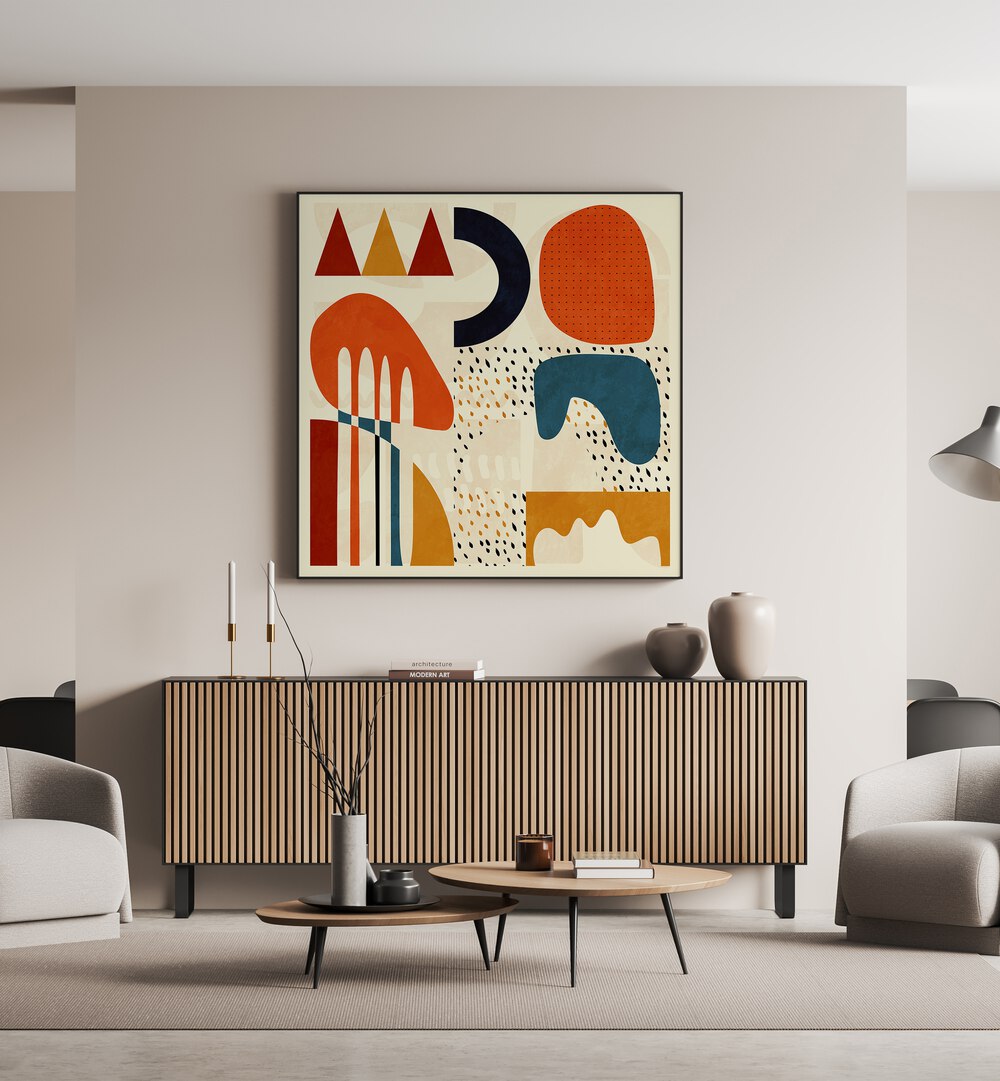 Quadrate Bunt II By Ana Rut Bre Abstract Art Abstract Paintings in Black Plain Frame placed on a Beige Colored Wall above a Console Table in the Living Room