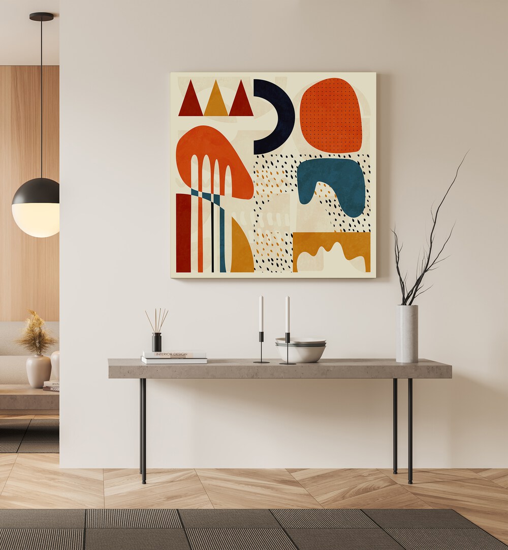 Quadrate Bunt II By Ana Rut Bre Abstract Art Abstract Paintings in Gallery Wrap placed on a Cream Colored Wall above a Console Table in the Drawing Room