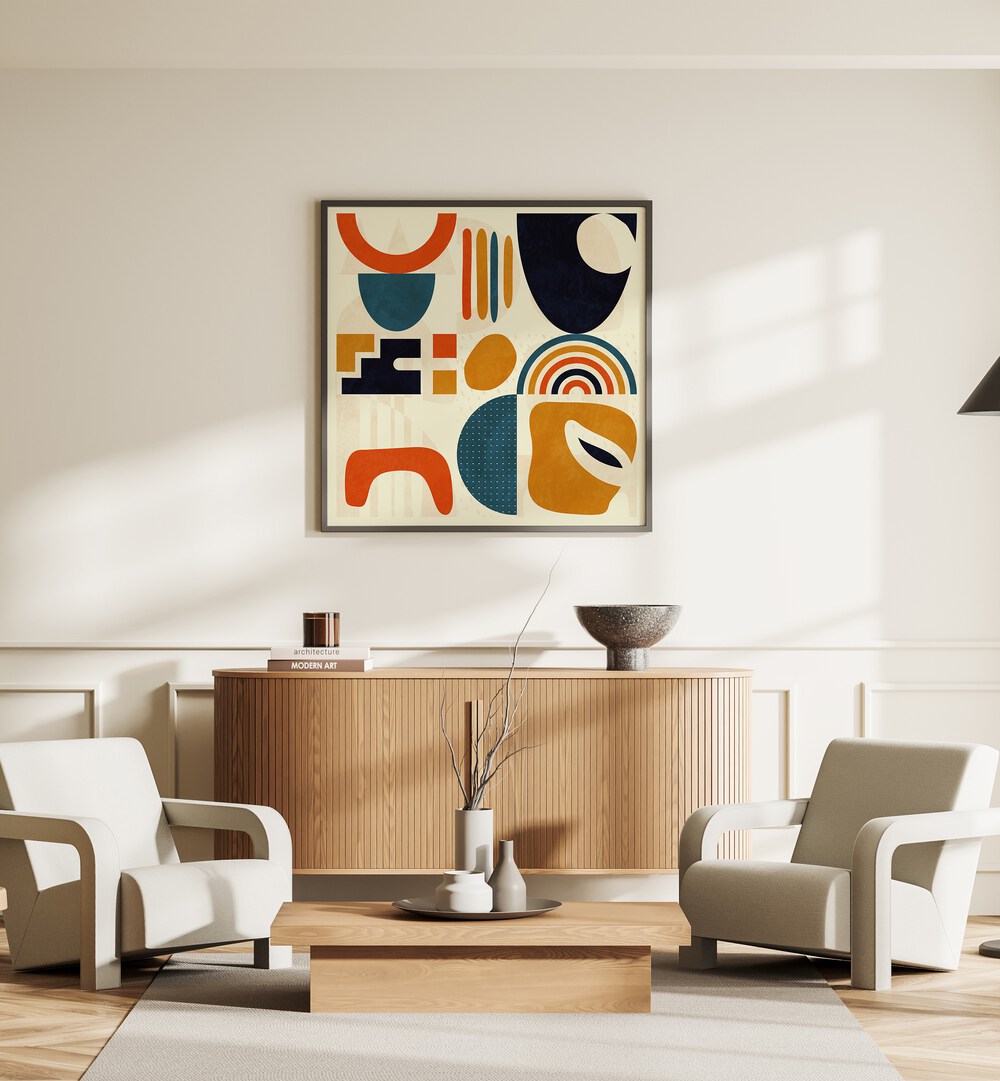 Quadrate Bunt III By Ana Rut Bre Abstract Art Abstract Paintings in Black Plain Frame placed on a Cream Colored Wall above a Console Table in the Living Room