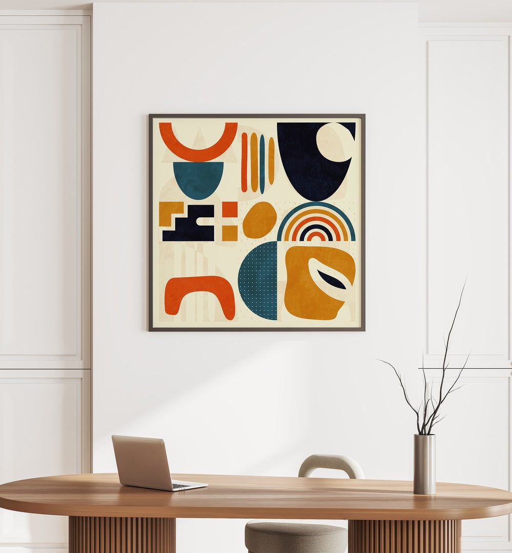 Quadrate Bunt III By Ana Rut Bre Abstract Art Abstract Paintings in Black Plain Frame placed on a White Colored Wall near a Workspace in the Drawing Room