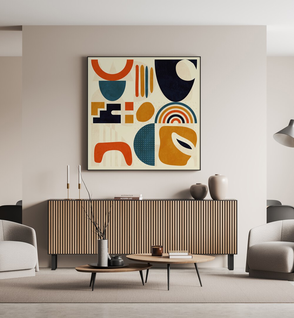 Quadrate Bunt III By Ana Rut Bre Abstract Art Abstract Paintings in Black Plain Frame placed on a Cream Colored Wall above a Console Table in the Living Room